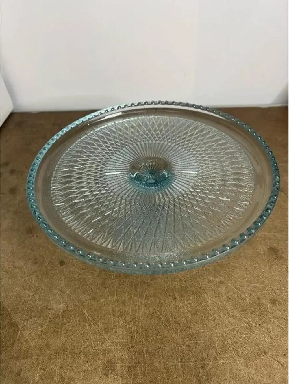 Blue Pressed Glass Pedestal Cake Stand Beaded Edge Retro Round Dessert Tray